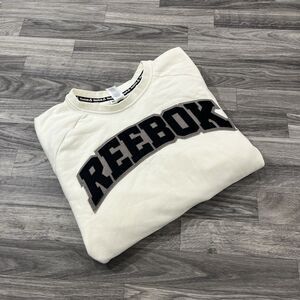 Reebok Sweatshirt Men’s 2XL Cream Off White Black Patchwork Logo Pullover Fleece